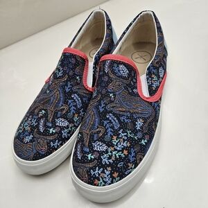 inkkas Navy Floral Slip-On Sneakers with Coral Trim Accents